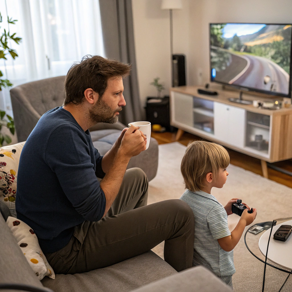 AI generated image by Red Panda AI: man is sitting in room, drink cofe and play video games with kid