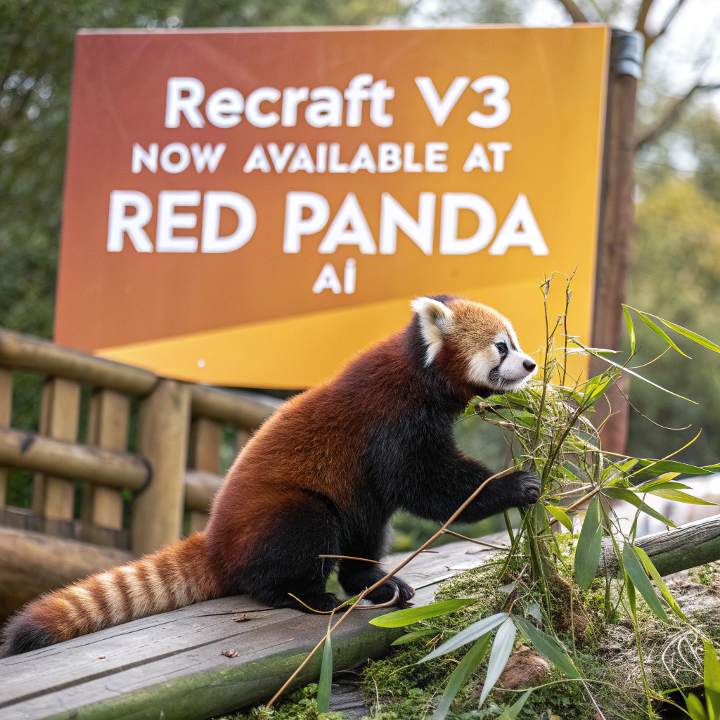 AI generated image by Red Panda AI: a red panda eating a bamboo in front of a poster that says "recraft V3 now available at red panda ai