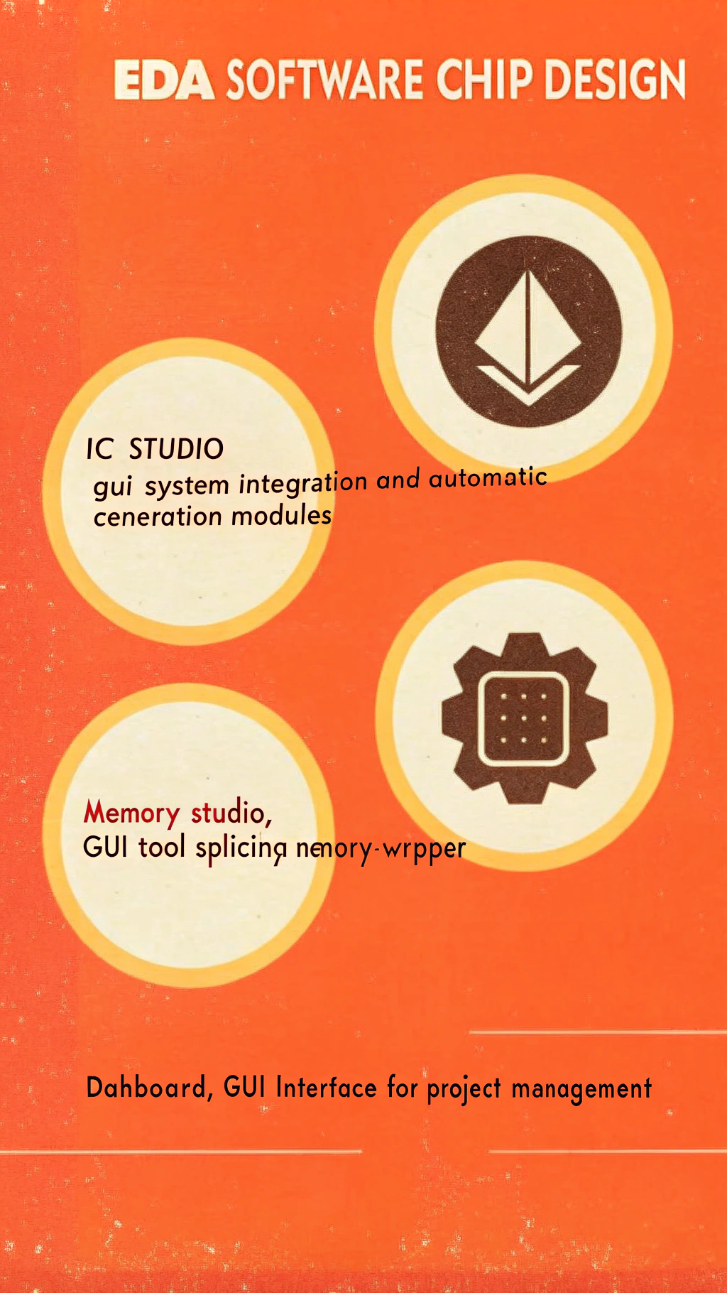 AI generated image by Red Panda AI: An advertising page that introduces EDA software for chip design, including:
1. IC-Studio, a GUI tool used for system integration and connection, can automatically generate system modules, as well as AI automatic generation modules
2. memory-studio, a GUI tool used to splice memory-wrapper
3. dashboard, the GUI interface used for project management