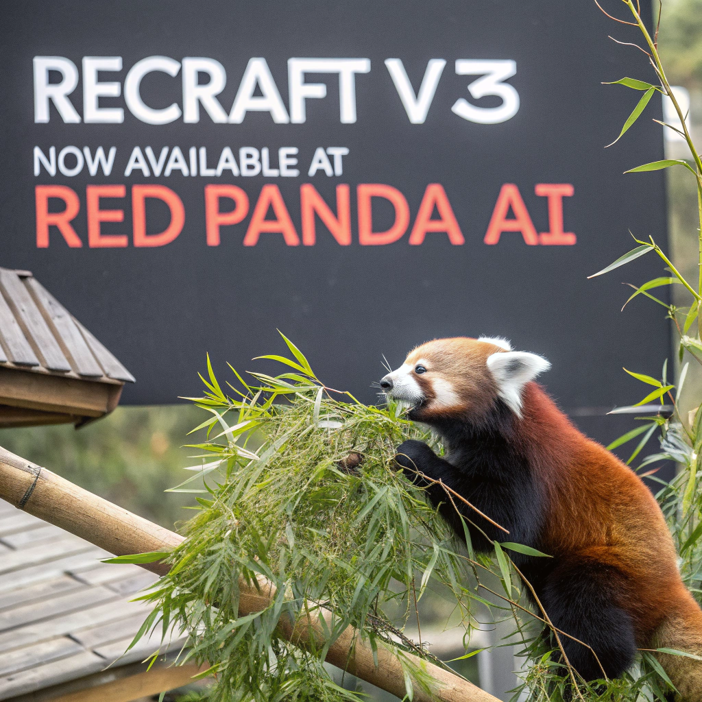 AI generated image by Red Panda AI: a red panda eating a bamboo in front of a poster that says "recraft V3 now available at red panda ai
