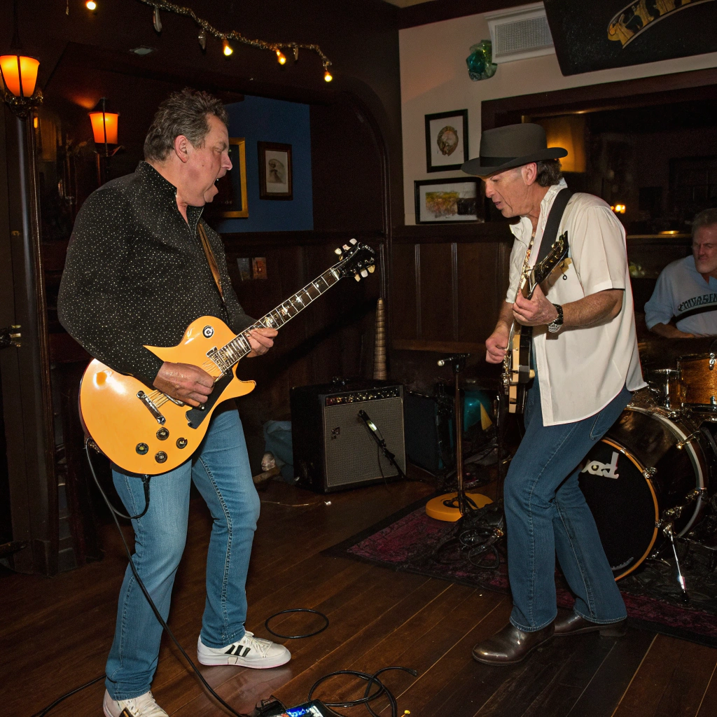 AI generated image by FLUX.1-schnell: generate a picture of a small blues band with at least one player playing a 1958 gibson les paul gold top and one other playing a white 1988 fender stratocastor