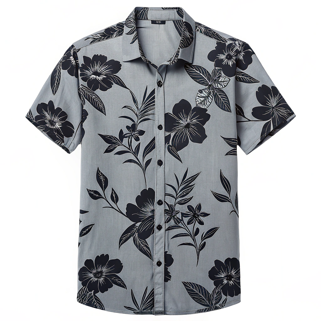 AI generated image by Red Panda AI: Casual men's button down short sleeve shirt with black floral print design
