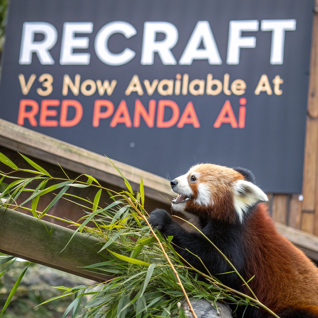 AI generated image by FLUX.1-schnell: a red panda eating a bamboo in front of a poster that says "recraft V3 now available at red panda ai