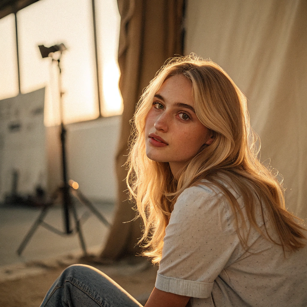 AI generated image by Red Panda AI: [Young woman with blonde hair, sitting in a studio, looking directly at the camera with a soft, confident expression], [Fashion photography, soft cinematic portraiture], [Annie Leibovitz (for the mood and lighting)], [Warm, golden hour lighting; shallow depth of field; 85mm lens; soft focus on the background; muted beige and brown color palette; subtle textures in the fabric; slightly desaturated for a vintage feel; film grain effect for a nostalgic touch.]