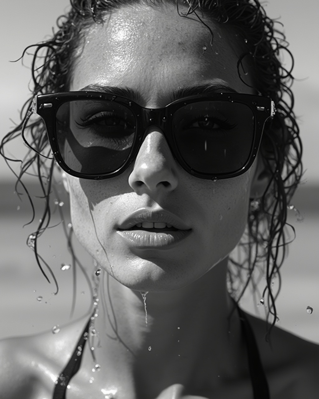 AI generated image by FLUX-Realism-Lora: black and white close-up photo of a very wet face of a beautiful woman in sunglasses coming out of the water towards the camera. water dripping off her glasses and face