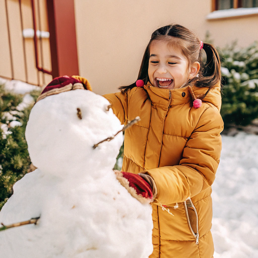 AI generated image by Red Panda AI: A little girl playing in the snow wearing a yellow puffy coat, fun, cute, pigtails, dark hair, snow man, laughing