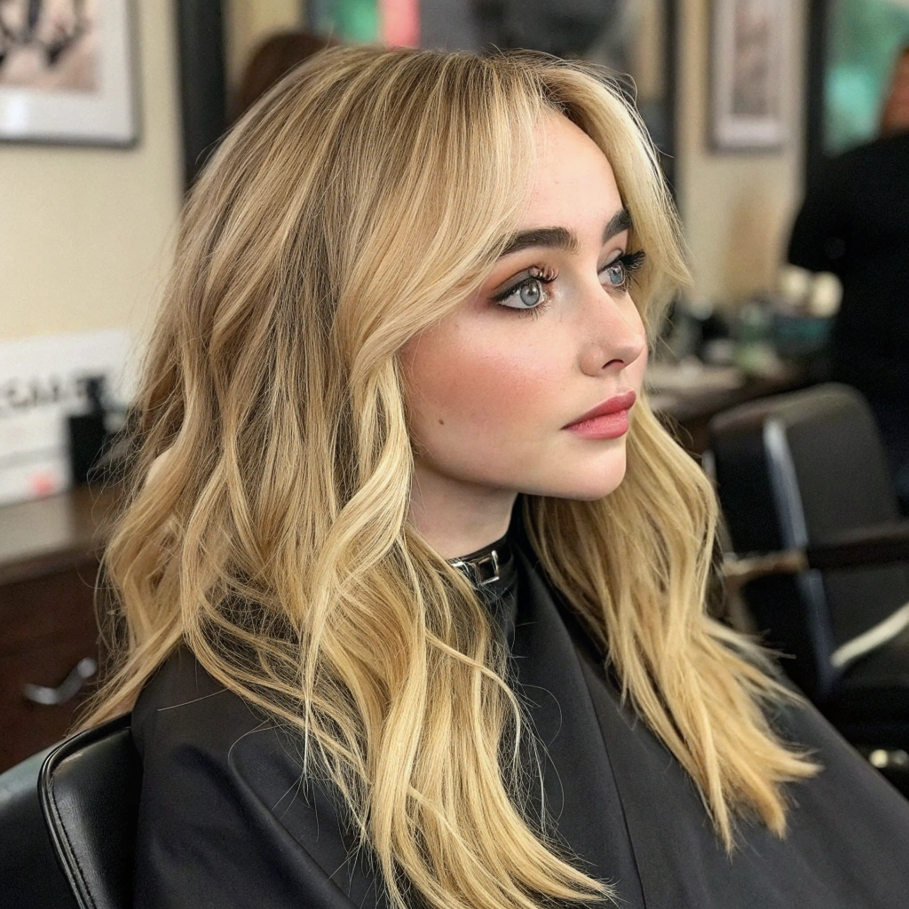 AI generated image by Red Panda AI: sabrina carpenter, blonde hair, long hair, Wavy hair, curtain bangs, lots of makeup, Inside a barber shop, Sitting in the barber's chair shaving half of the head, sidecut hair, half of the head bald, half of the head buzzcut, half of the head freshly shaved, green eye, realistic hype eye, realistic hyper iris, symmetrical eyes, symmetrical iris, clean face, realistic hyper face, perfect face, detailed face with detailed pores, 