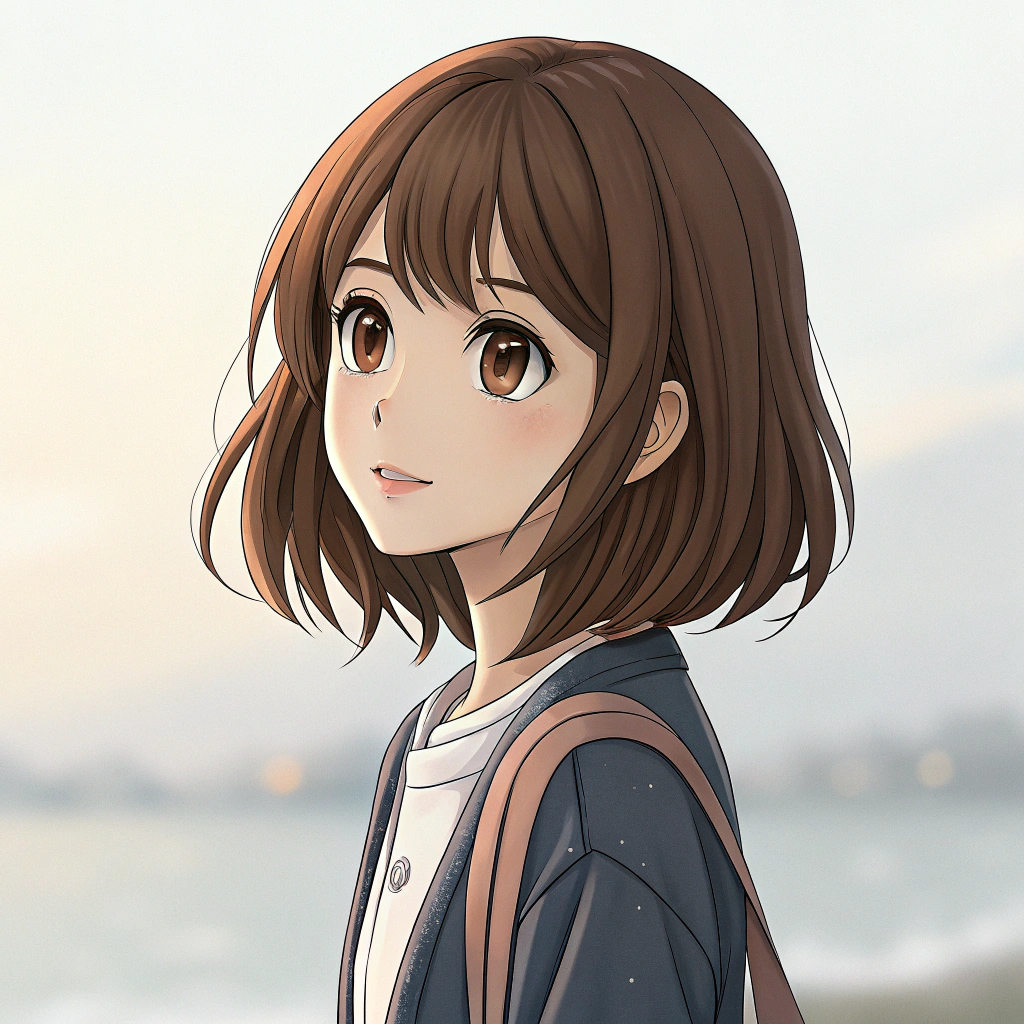 AI generated image by Red Panda AI: Anime girl, with brown eyes, brown shoulder lenth hair, and a modest oufit
