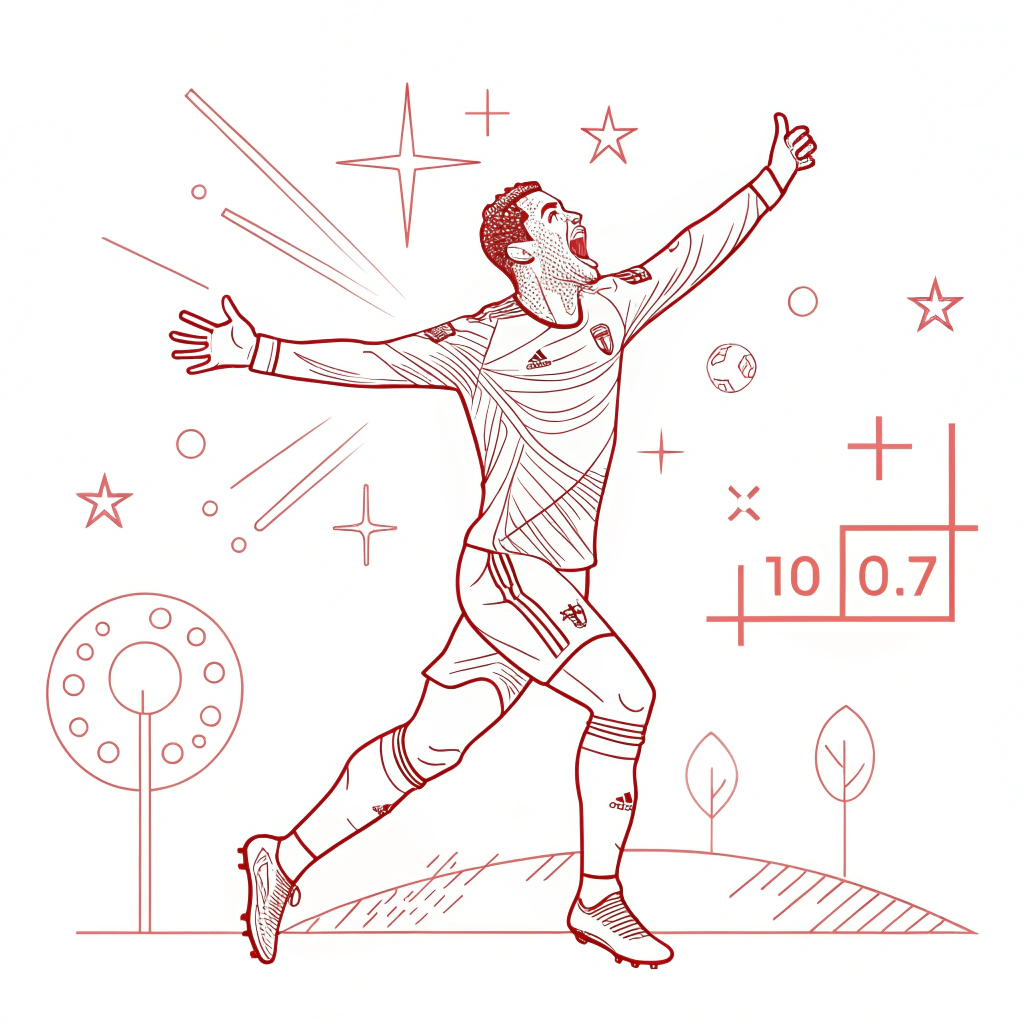 AI generated image by Red Panda AI: Line art illustration of a soccer player celebrating a goal by performing the iconic 'Siuuu' celebration. The drawing should depict the player mid-celebration, with their arms outstretched and body leaning slightly back, capturing the energy and excitement of the moment. The player should resemble Cristiano Ronaldo in physique and stance but without including any text or explicit identifiers like the player's name. Surroundings can include minimalistic elements, such as abstract motion lines or a simple crowd silhouette in the background, to enhance the celebratory atmosphere. The design must use clean and simple lines, without shadows or complex fills, using only one color, red. The style should be modern and minimalist, following the principles of line art, while avoiding a doodle-like approach. The composition should convey the passion, pride, and energy of the celebration.