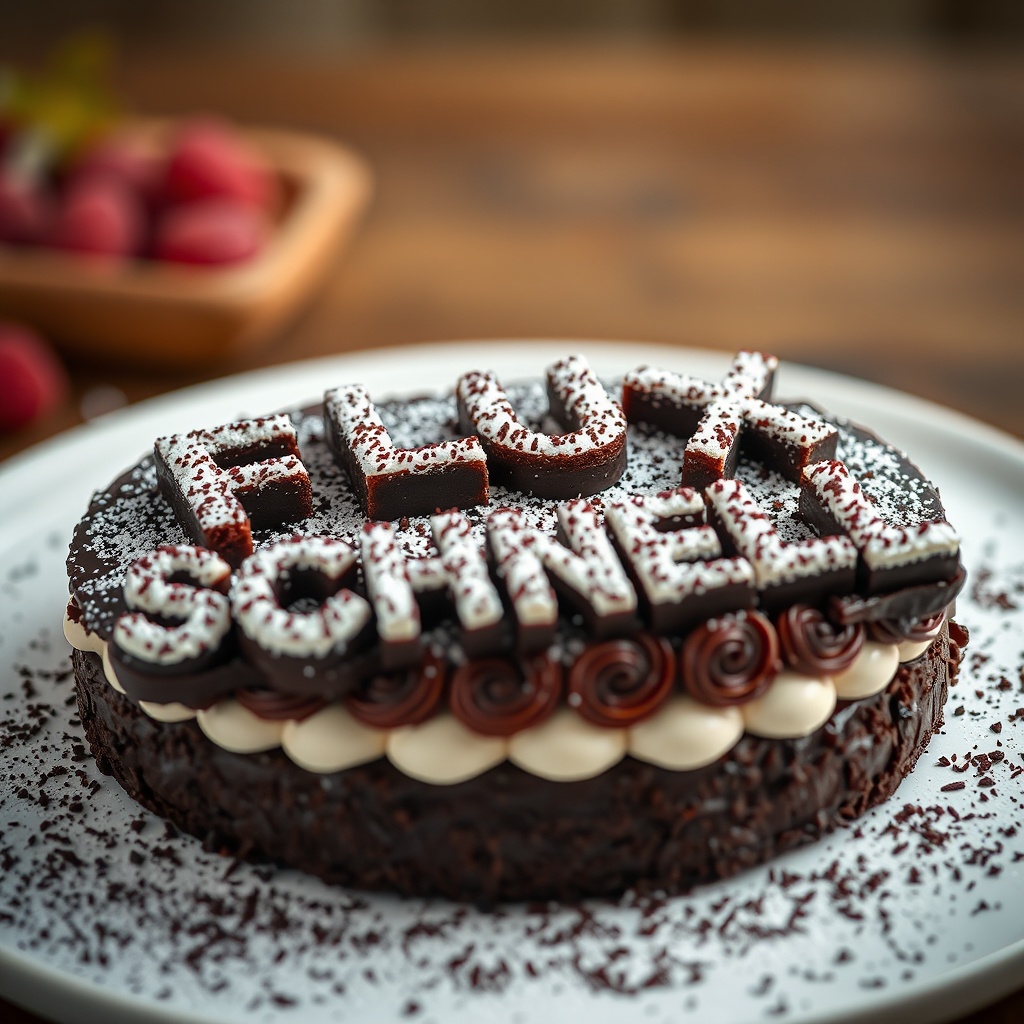 AI generated image by FLUX.1-schnell: black forest gateau cake spelling out the words "FLUX SCHNELL", tasty, food photography, dynamic shot