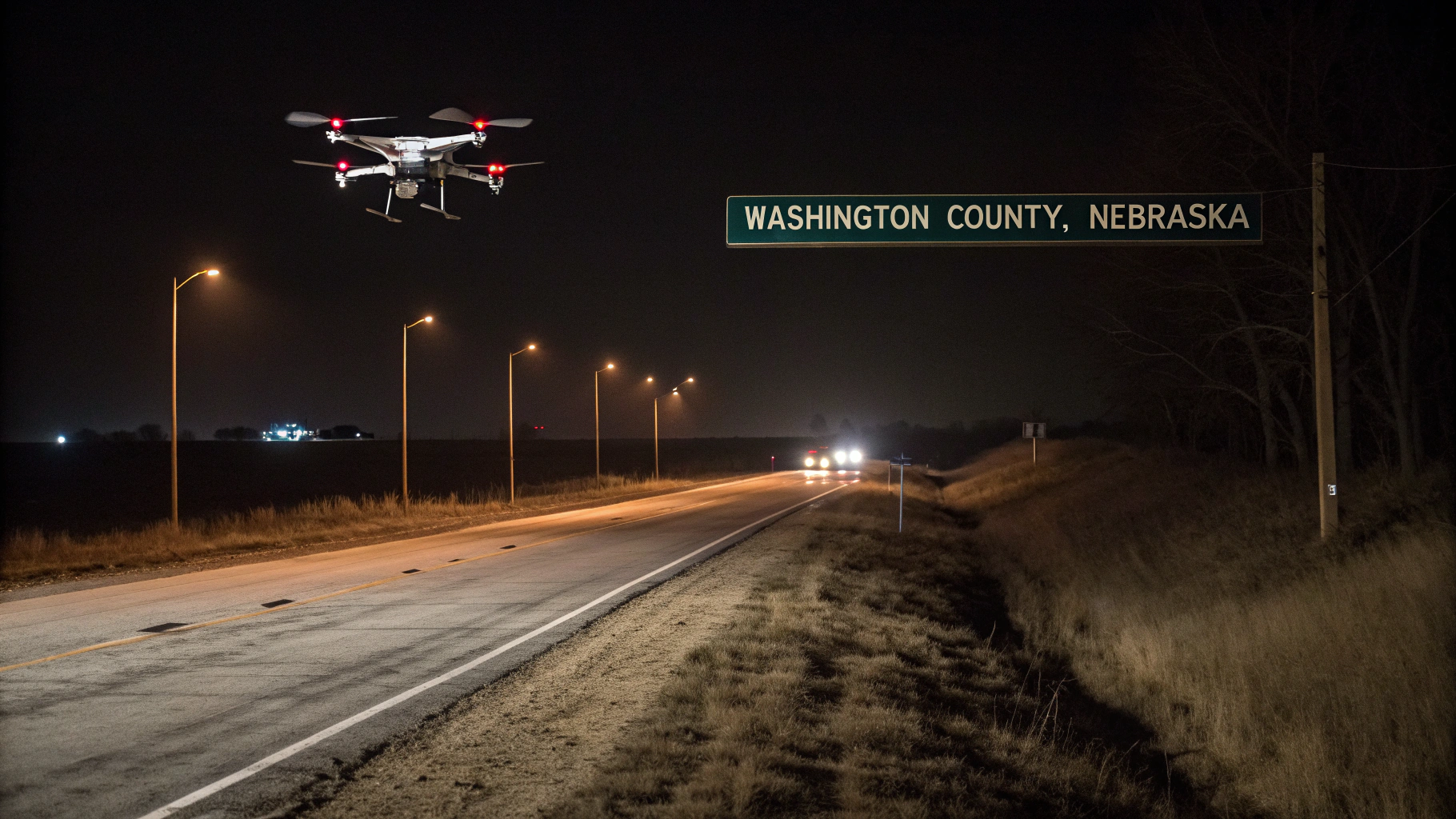 AI generated image by Red Panda AI: drones flying over a dark rural highway. A sign says "Washington County, Nebraska". The scene is dark, eerie and the drones are dystopian and scary