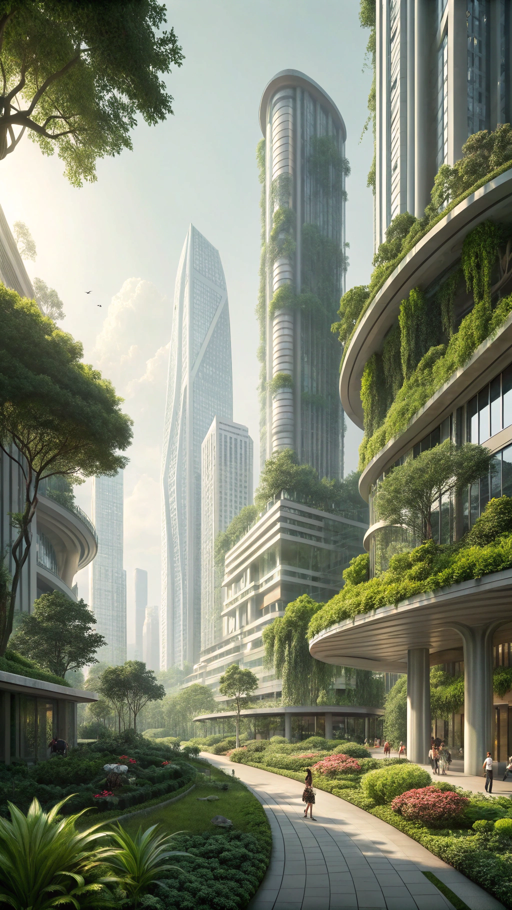 AI generated image by Red Panda AI: "Futuristic city with modern architecture and lots of greenery. Clean, elegant buildings made of glass and metal, surrounded by plants, trees, and vertical gardens. Bright daylight, no people, peaceful and sustainable atmosphere."