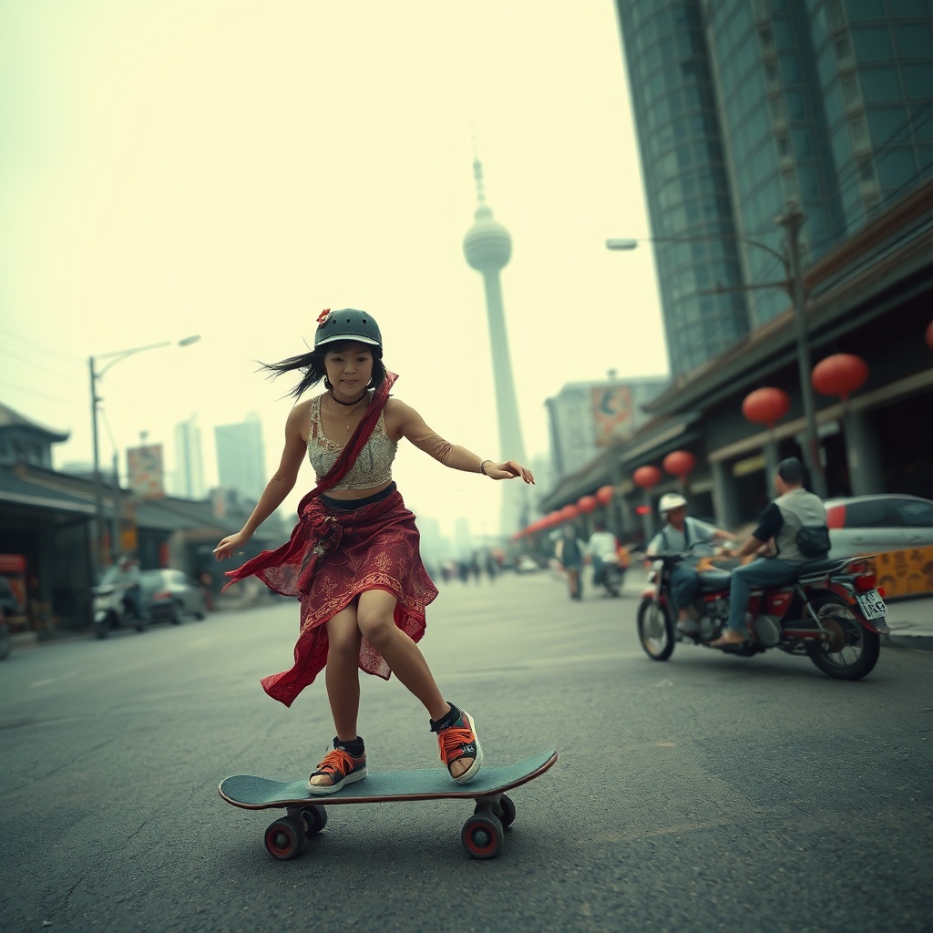 AI generated image by FLUX.1-schnell: A beautifuk goth ehtnic Chinese girl riding a skateboard, post apocalyptic Beijing