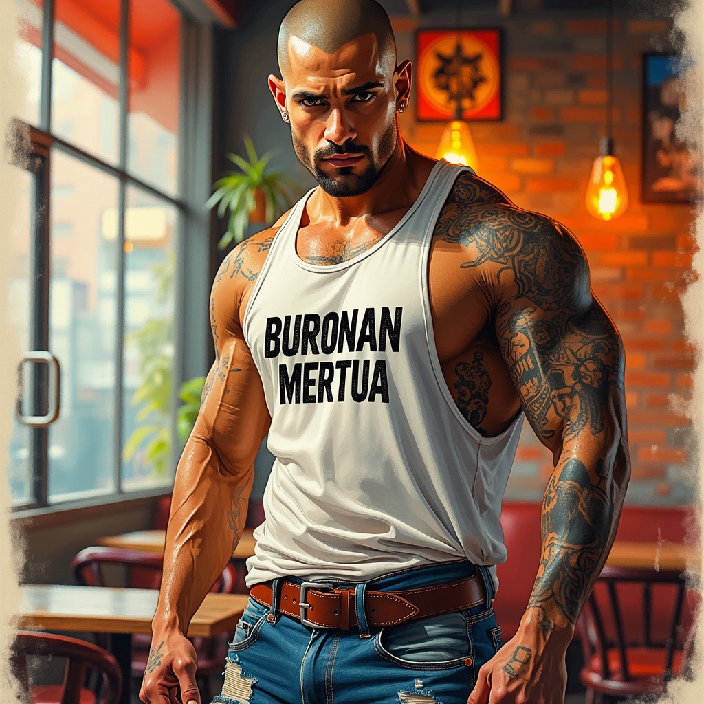 AI generated image by FLUX.1-pro: A high-resolution photograph of a 6'4" US Marine  with a muscular build standing in restaurant with text logo "Stickusteak". He is truly virile, desirable, exhibiting a strong jawline and big broad shoulders, with a shaved head sporting a five o'clock shadow. His piercing eyes command attention, exuding both authority and charm. Clad in an oversized white tank top with text that say "BURONAN MERTUA", tattered jeans, and a tightly cinched leather belt, sweat is noticeable on his shirt . His arm is adorned with military-style tattoos, and his intense gaze, locked on the camera, creates an unforgettable and electrifying moment. The portrait is rendered in a combination of sketch-like lines and vibrant watercolor hues. The background consists of warm tones, possibly suggesting an abstract representation of a cityscape or a sunset. The man attire, though partially visible, appears to be a blend of colors, including shades of blue and red ,color, cinematic