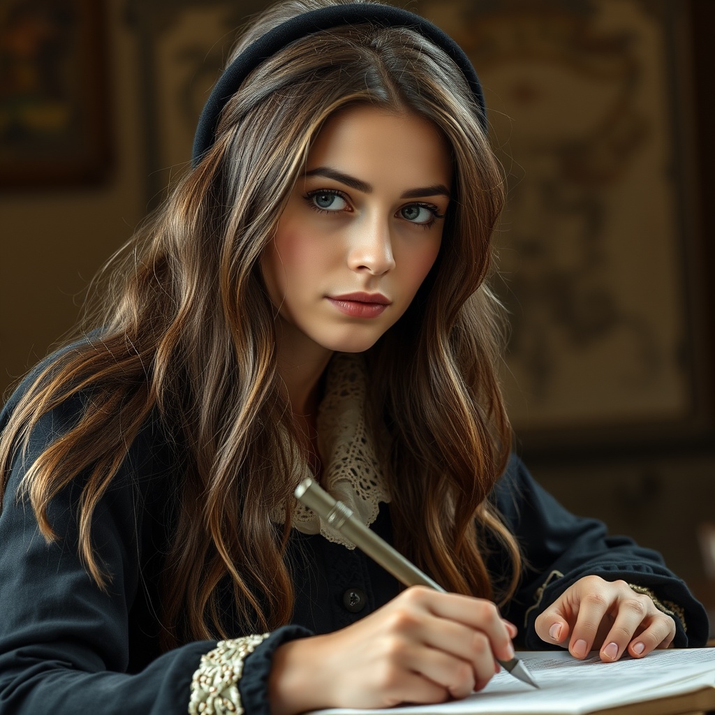 AI generated image by FLUX.1-schnell: Schriftstellerin aus der viktorianischen Zeit. Sie hat dunkelbraune lange Haare und ein paar Strähnen fallen ihr ins Gesicht. Sie hat Sommersprossen und trägt eine schwarze Hornbrille. Die Mutter ist aus den Philippinen, der Vater aus Deutschland. Sie arbeitet konzentriert am Schreibtisch, guckt nicht in die Kamera.