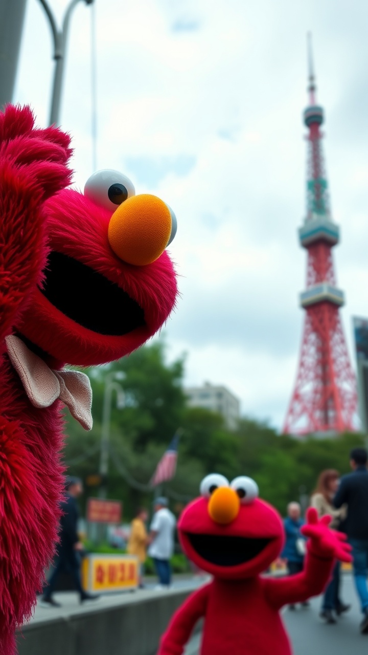 AI generated image by FLUX.1-schnell: Elmo from Sesame Street, Pose with the Tokyo Tower in the background