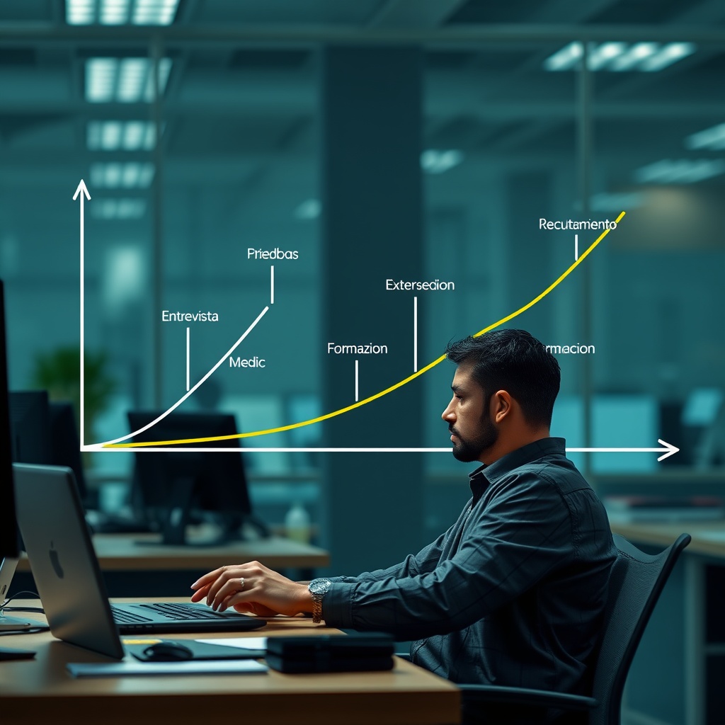AI generated image by FLUX.1-schnell: "Cree una imagen donde un analista de datos esté trabajando en una estación de trabajo, con un grafo dirigido de fondo. El grafo debe representar una ruta de selección de personal para la Policía Nacional de Colombia. En el grafo, se deben visualizar nodos que representen diferentes etapas del proceso de selección, como 'Reclutamiento', 'Pruebas Físicas', 'Entrevista', 'Examen Médico', y 'Formación'. Las aristas dirigidas deben mostrar el flujo de una etapa a otra, indicando la secuencia del proceso. El analista de datos debe estar observando el grafo con atención, posiblemente utilizando herramientas de análisis de datos en su pantalla."