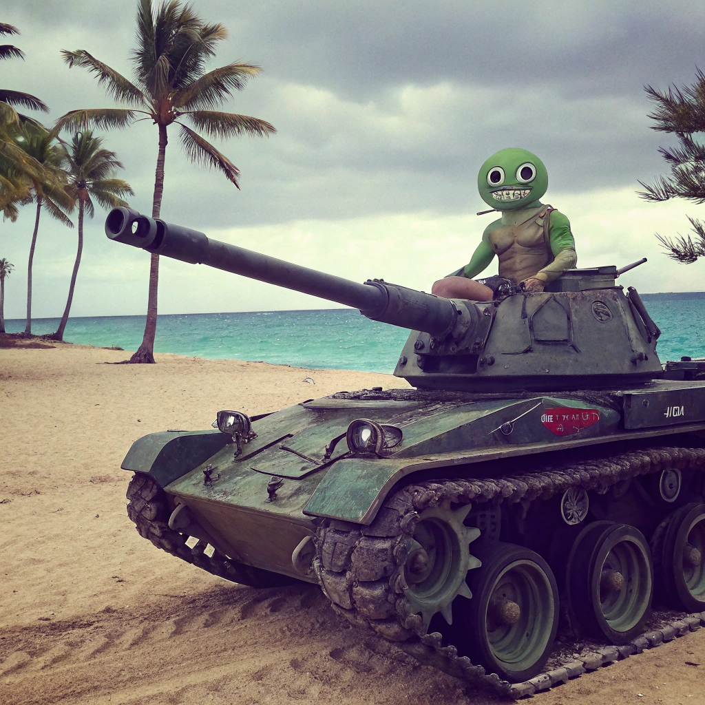 AI generated image by Red Panda AI: a snapchat photo of a alien driving a tank shirtless in hawai