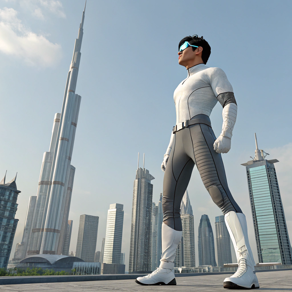 AI generated image by Red Panda AI: A panoramic view, generating a futuristic male comic character, wearing tight-fitting white and gray clothing, with black hair, sporting half a pair of light blue transparent glasses, and having a tall and slender physique.