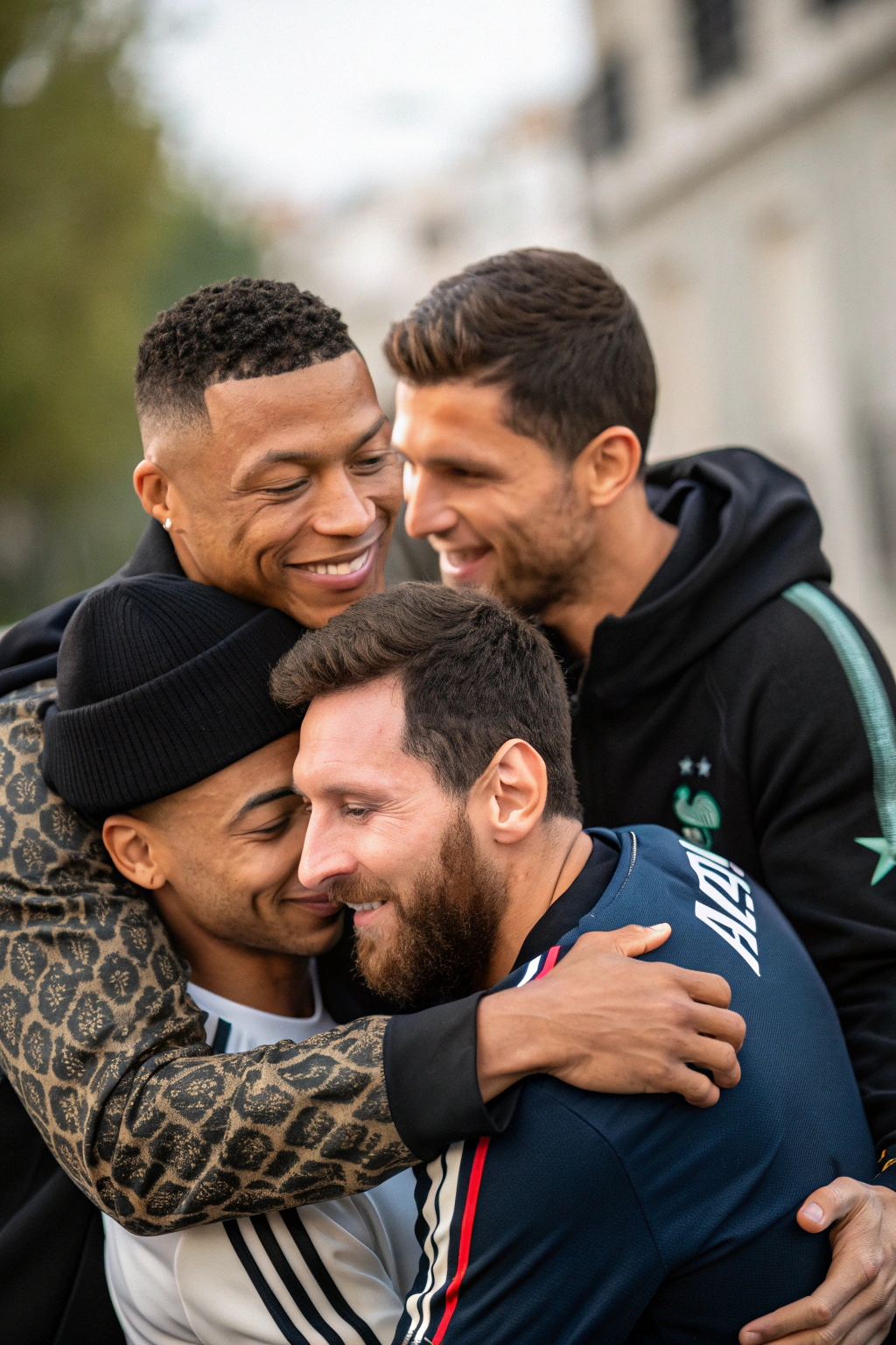 AI generated image by Red Panda AI: relizame un  retrato familiar donde este ronaldo cristiano , messi , mbappe , karol g y sebastian yatra estas fotos deben de tener en cuenta que no se pueda modificar los rostros y expresiones la foto  se tiene q ver muy natural, dando como resultado una foto muy real y momento especial que el  retrato tenga apariencia 4k que quede lo mas posible realista , que salgan todos abrazados
