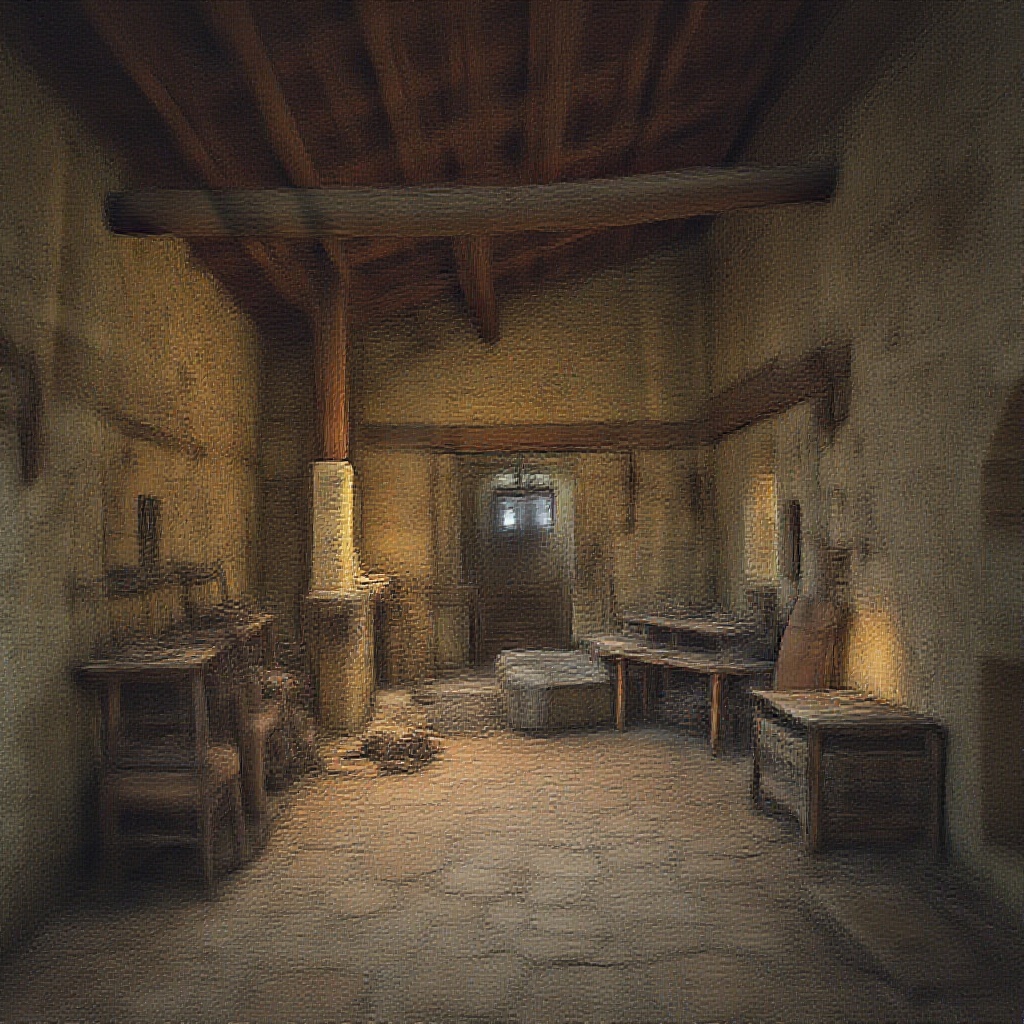 AI generated image by FLUX.1-pro: En un lugar de las Asturias de España. Sin tiempo. Planta baja de una casa de labranza que trasluce limpio bienestar. Sólida arquitectura de piedra encalada y maderas nobles. Al fondo
amplio portón y ventana sobre el campo. A la derecha arranque de escalera que conduce a las habitaciones altas, y en primer término del mismo lado salida al corral. A la izquierda,
entrada a la cocina, y en primer término la gran chimenea de leña ornada en lejas y vasares con lozas campesinas y el rebrillo rojo y ocre de los cobres. Apoyada en la pared del fondo una guadaña. Rústicos muebles de nogal y un viejo reloj de pared. Sobre el suelo, gruesas esteras de soga. Es de noche. Luz de quinqué.

