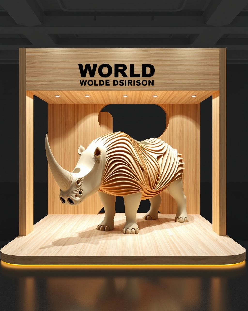 AI generated image by FLUX.1-schnell: Create a visually striking and captivating rendering for the "WORLD STAND DESIGN" exhibition booth. The design should prominently showcase the company’s logo at the top, ensuring it stands out and draws the eye of attendees. 

For the booth's aesthetic, draw inspiration from an abstract 2D representation of a rhinoceros. This will be achieved through the innovative use of wooden strips, each measuring 2 cm in thickness, arranged artistically to evoke the qualities and silhouette of the rhinoceros. The strategic placement and layering of these wooden elements will not only highlight the unique theme but also create a dynamic visual experience that engages and intrigues visitors, embodying the essence of nature and design.