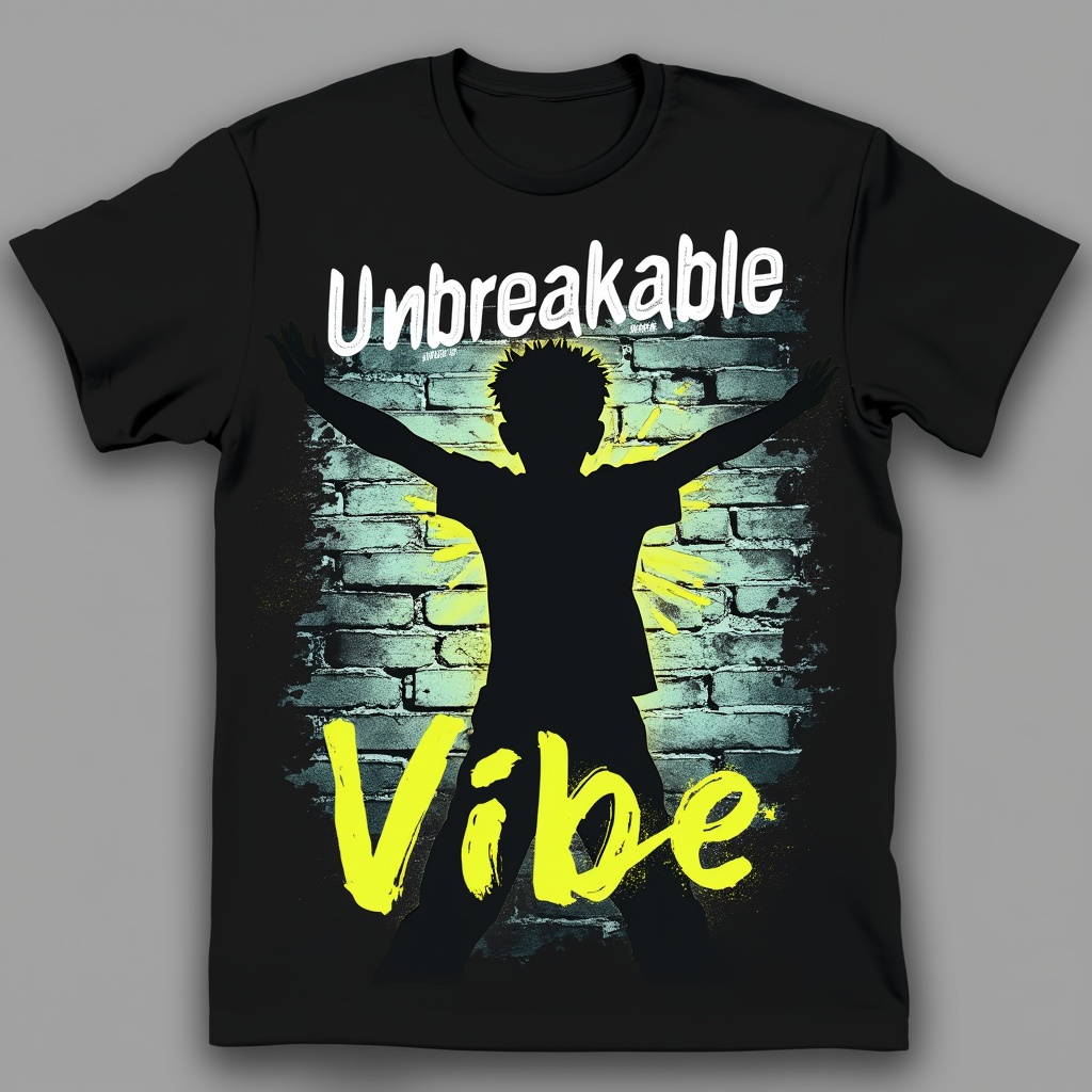AI generated image by FLUX.1-pro: "Unbreakable Vibe"

Design Details:
Text:
"Unbreakable" in a large, bold font (e.g., Bebas Neue or Knockout), colored white with a subtle black outline for contrast.
"Vibe" below it in a smaller, slightly slanted font, in neon yellow or teal to keep it youthful and uplifting.
Visual Element:
A silhouette of a young person standing tall with arms open wide (like embracing the world) or hands resting confidently on hips, in solid black. This symbolizes strength and positivity without aggression.
Surrounding the silhouette: abstract, flowing lines (like waves or energy bursts) in light gray or teal, suggesting resilience and dynamic energy rather than breaking or violence.
Background:
A faded brick wall (in shades of gray) behind the text and silhouette, keeping the urban, realistic feel inspired by American streets.
T-shirt Color:
Black (still appealing to American youth in streetwear culture).
Layout:
"Unbreakable" at the top, the silhouette in the center, and "Vibe" below it, with the flowing lines and brick wall as a cohesive background.
Message:
Represents unshakable strength, positivity, and a cool, confident energy that resonates with youth, while avoiding any violent or aggressive connotations.