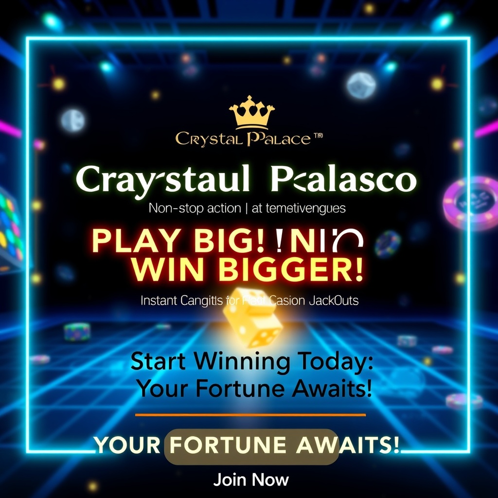 AI generated image by FLUX.1-schnell: Background:
A dynamic and vibrant background with neon lights, giving a modern, casino vibe. Incorporate dark blues and gold accents to make the image look classy and exciting. You could add images of casino chips, dice, or the casino floor to enhance the visual appeal.

Main Text:
"💎 Crystal Palace Casino – Play Big, Win Bigger! 💰"
Use a bold, luxurious font with some glowing effects for emphasis.

Sub Text:
"🚀 Non-stop Action | Exclusive Games | Instant Cash Outs 🏆"
Make this text stand out in a more elegant, but smaller font.

Call to Action:
"🌟 Start Winning Today – Your Fortune Awaits! 🌟"
Place this text at the bottom, possibly with an arrow pointing to a "Join Now" button or call to action.

Additional Touch:
A glowing "Jackpot" symbol in the background to convey the idea of big winnings.