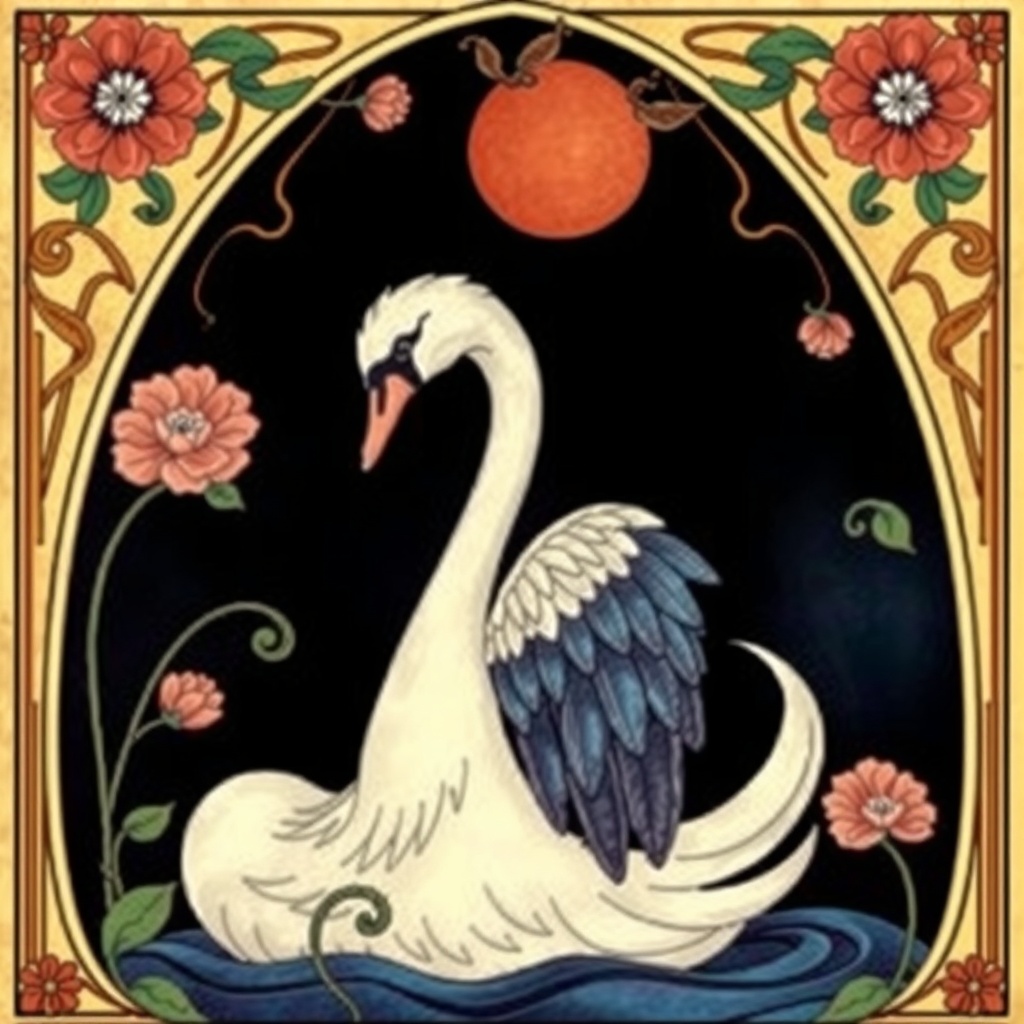 AI generated image by FLUX.1-schnell: a swan in vibrant art nouveau