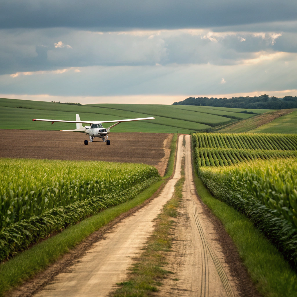 AI generated image by Red Panda AI: quiero una imagen donde aterrise una avioneta sesna entre  parcelas de maizel maiz