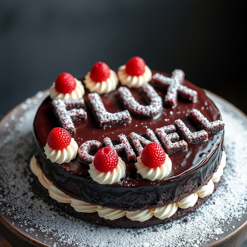 AI generated image by FLUX.1-schnell: black forest gateau cake spelling out the words "FLUX SCHNELL", tasty, food photography, dynamic shot