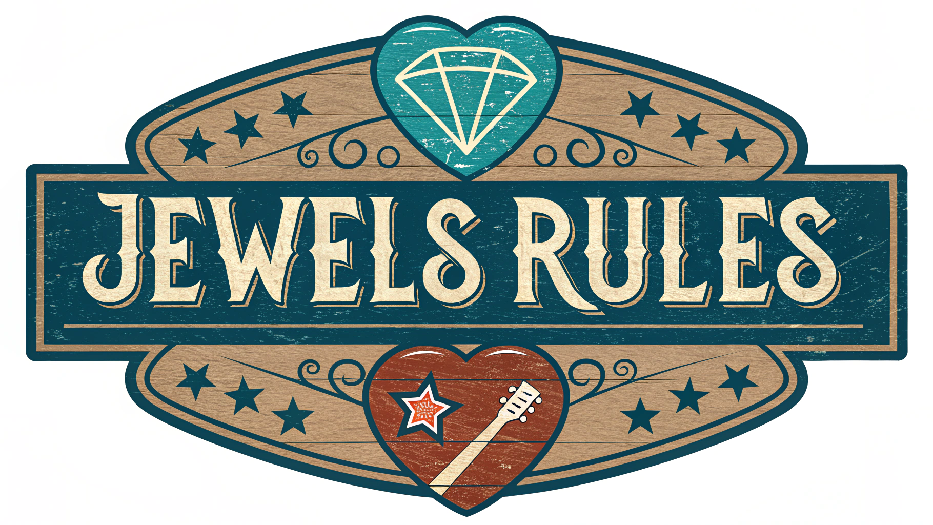 AI generated image by Red Panda AI: Band logo for the band, "Jewels Rules".  Americana, blues, authentic, wood and leather, rock and roll, rockabilly