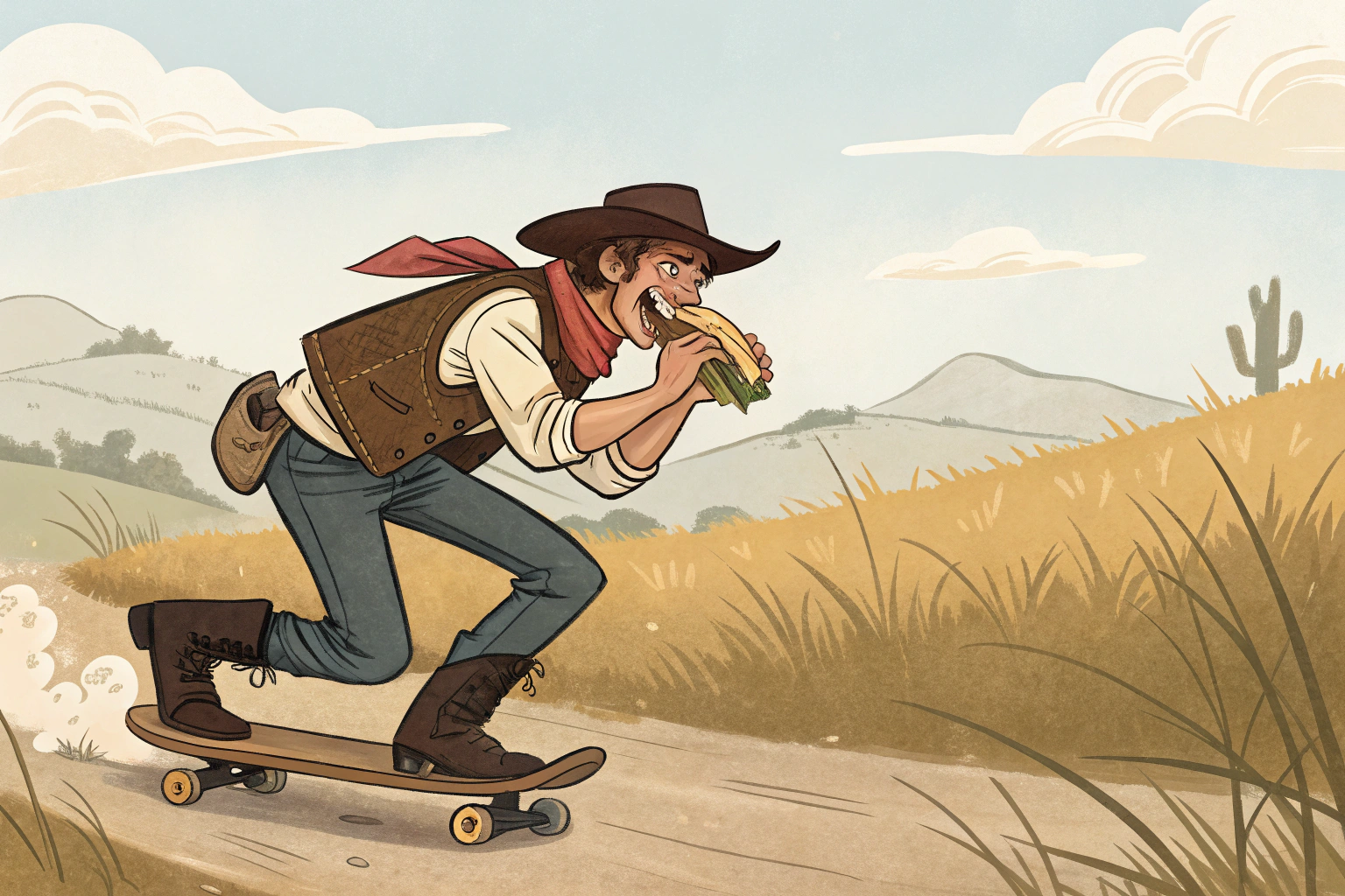 AI generated image by Red Panda AI: A cowboy riding a skateboard while eatign a hoagie