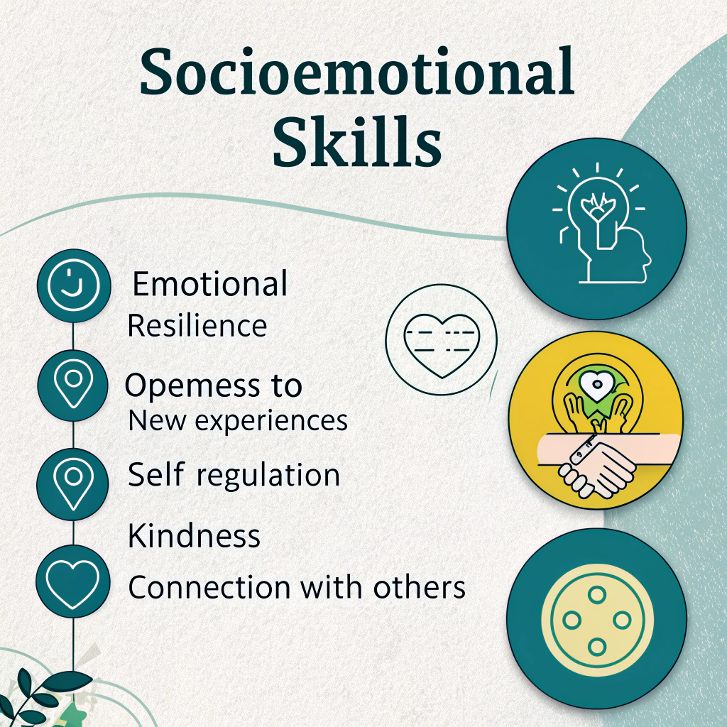 AI generated image by Red Panda AI: Una infografía explicando brevemente las competencias socioemocionales como resiliencia emocional, apertura a lo nuevo, autogestión, amabilidad y conexión con otros