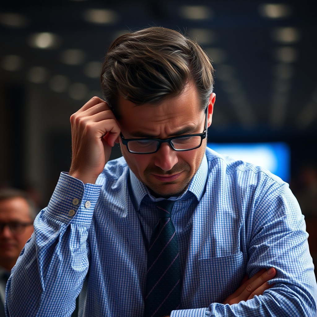 AI generated image by FLUX.1-schnell: A worried commercial real estate broker sweating, realizing he may have missed out on registering for a major conference before tickets sell out