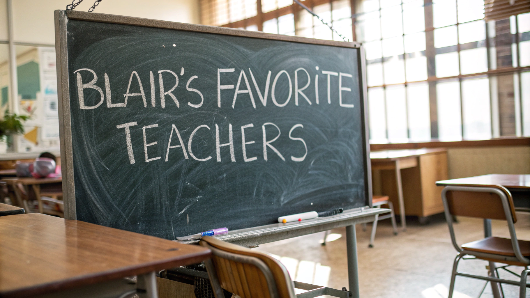 AI generated image by Red Panda AI: "Blair's Favorite Teachers" on a chalkboard, in a classroom