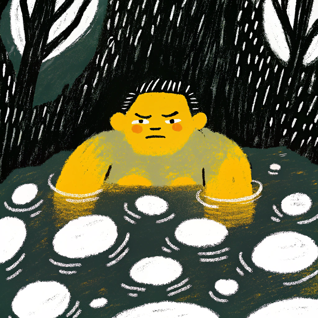 AI generated image by Red Panda AI: A large and muscular green skinned orc woman woman farts while bathing in a swamp pond, causing several large bubbles to surface in the pond behind her. Overhead view. Her eyes are closed, and she has an angry expression. She is holding both of her fists at chest height 