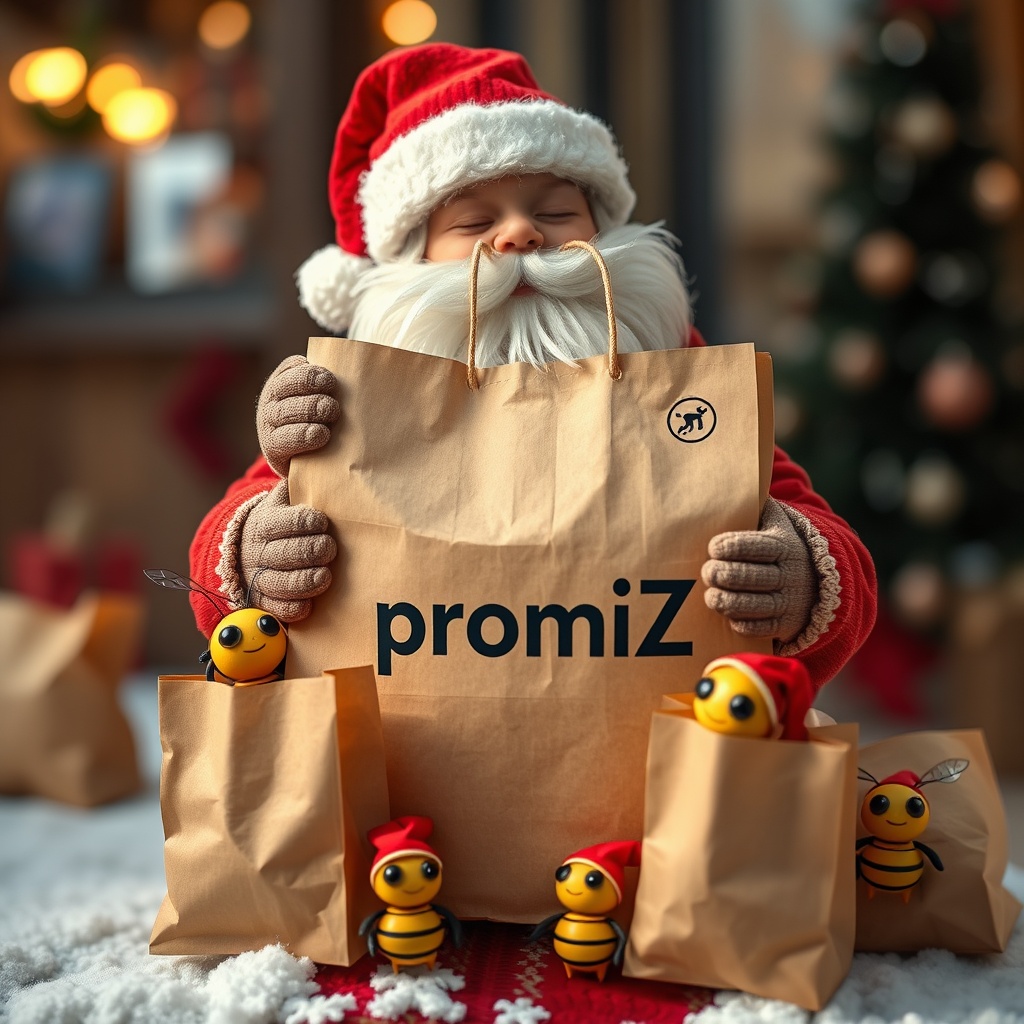 AI generated image by FLUX.1-schnell: Photo réaliste d'un gentil Père Noël distribuant des sacs en kraft avec le mot "promiZ" écrit sur le sac, entouré de petites abeilles robot avec des chapeaux de lutin.