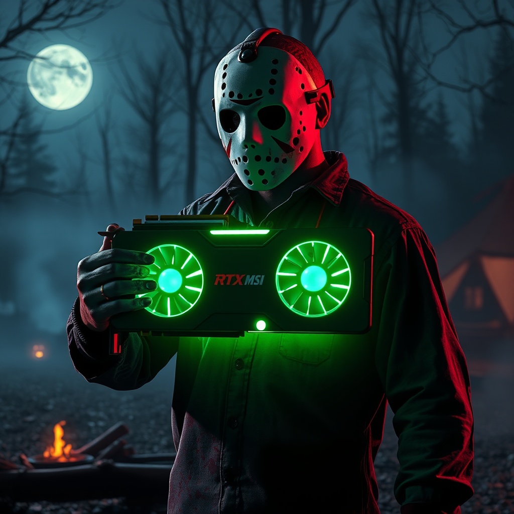 AI generated image by FLUX.1-schnell: Create Jason Voorhees on an eerie Halloween night, standing in an abandoned campsite, with his hockey mask glowing under the moonlight. In his powerful hand, he holds an RTX 4090 MSI, adorned with bloodstains and emitting a ghostly green glow. The atmosphere is charged with dancing shadows and distant echoes of children's laughter, creating a disturbing mix of advanced technology and horror. Use lighting and shadow effects to enhance the terror of the scene, while the glow of the graphics card blends with the darkness, evoking both modernity and fear.

