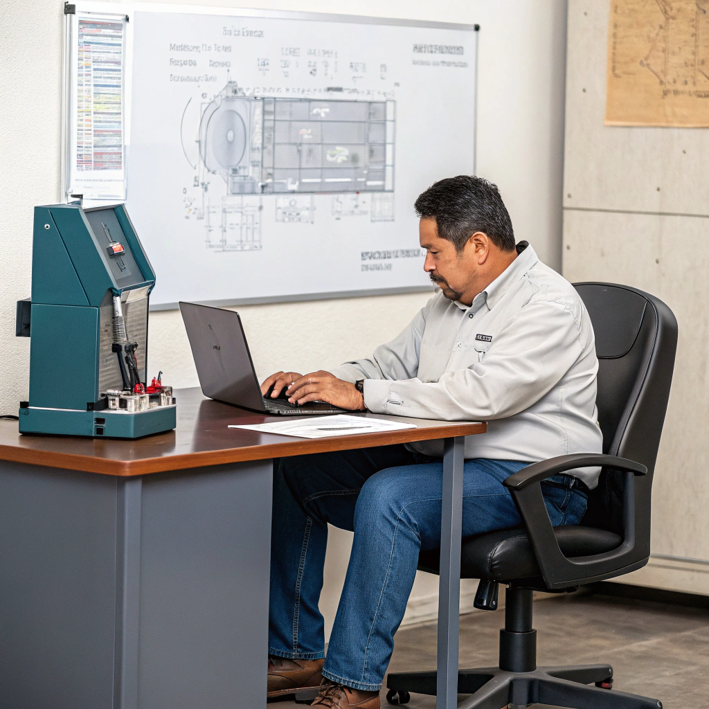 AI generated image by Red Panda AI: Mexican man designing industrial machine sitting with laptop in front office