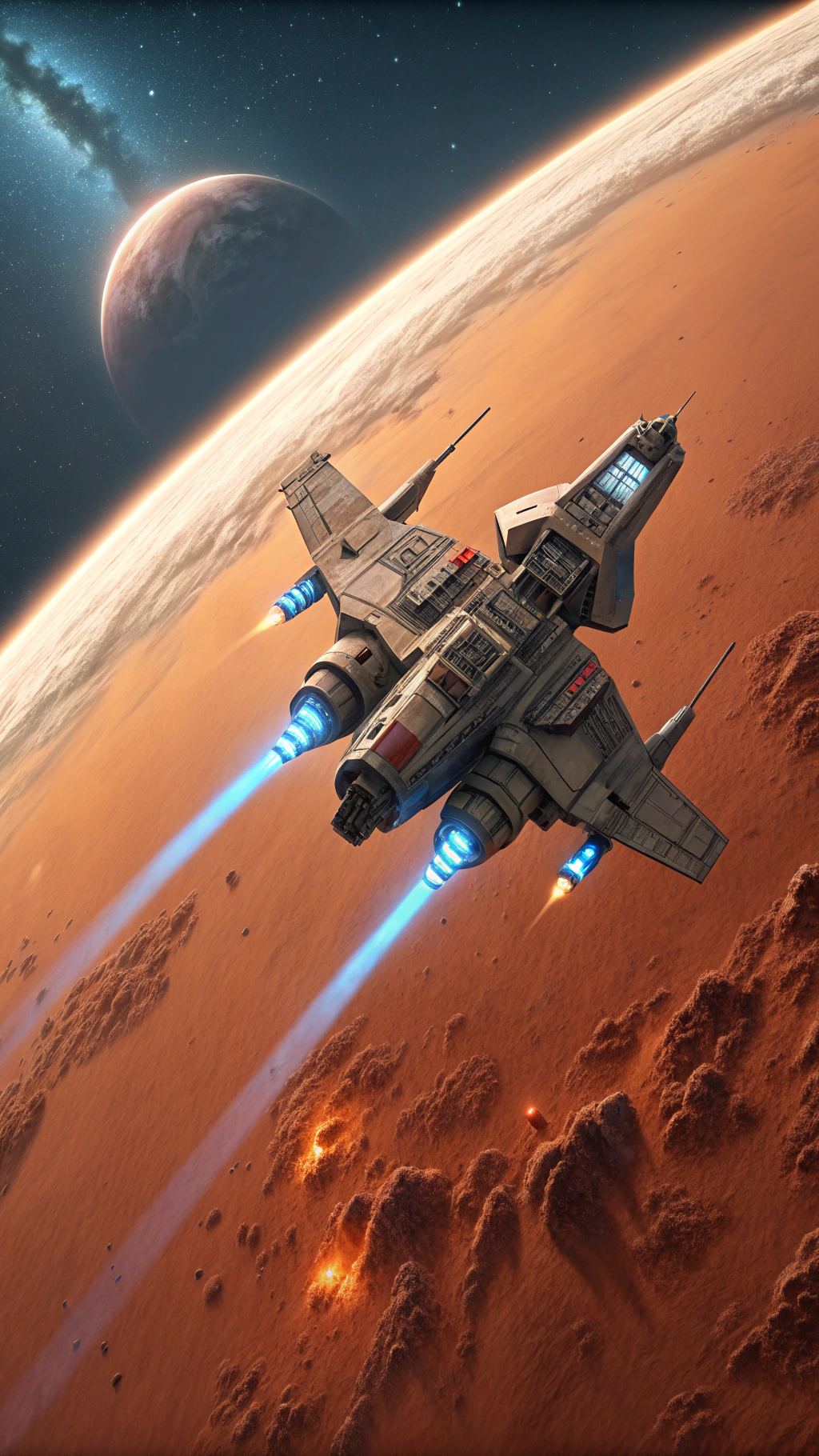 AI generated image by Red Panda AI: A combat spaceship flying towards Mars