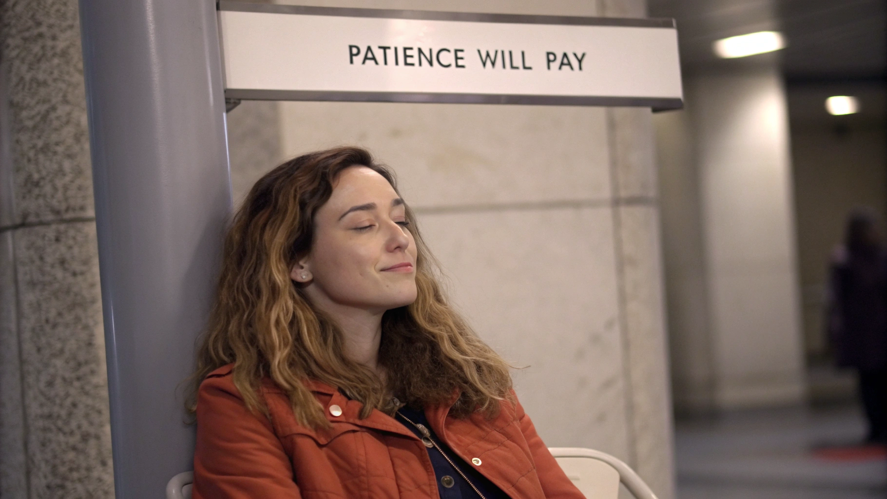 AI generated image by Red Panda AI: A realistic digital illustration of a female in her 30s with long, loosely wavy brown hair. She has an oriental appearance with a soft, she sits in chair under a sign that says "Patience Will Pay"