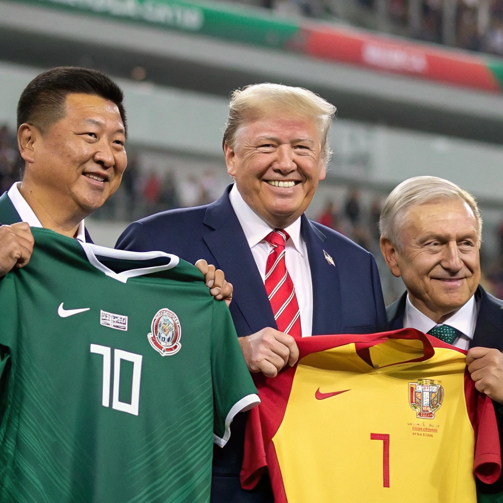 AI generated image by Red Panda AI: Dame una imagen con los líderes mundiales como el presidente de China, el de Rusia, Donald Trump, Andrés Manuel López Obrador y el de Arabia Saudita, todos juntos, luciendo las camisetas del Club América y celebrando un tricampeonato histórico. 