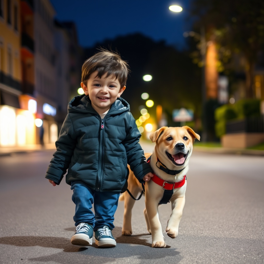 AI generated image by FLUX.1-schnell: a boy very happy he walking with his puppy and the night street