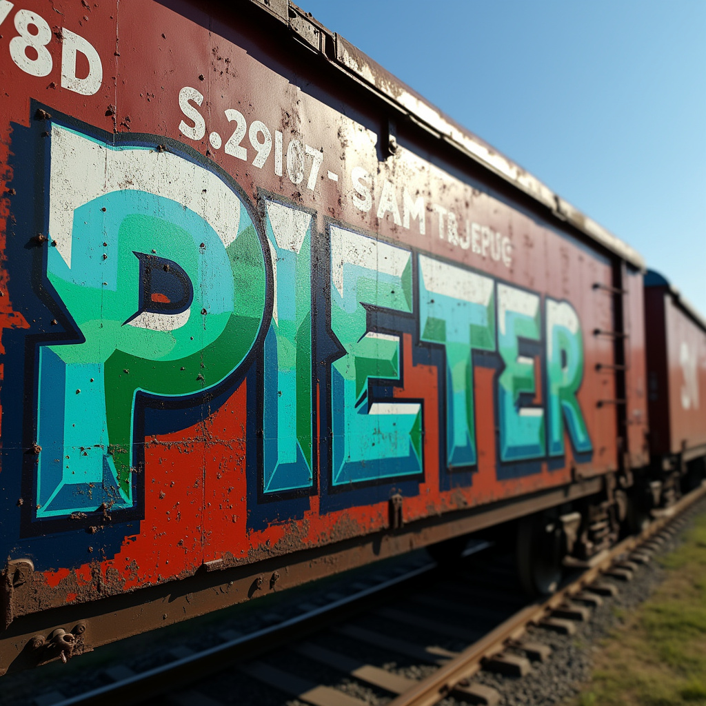 AI generated image by FLUX.1-pro: Crear una imagen de un vagón de tren con una textura realista de óxido cubriendo la superficie. El vagón es parte de un tren más grande, visible en el lado derecho, bajo la luz brillante del día. En el lateral del vagón, hay un graffiti que dice ‘PIETER’ en letras grandes y audaces con un efecto 3D. Las letras son principalmente en tonos de azul y verde con reflejos blancos que les dan un aspecto brillante. Los bordes de las letras tienen contornos oscuros para resaltar el efecto 3D contra el fondo oxidado. Encima del graffiti, en letras más pequeñas, están los caracteres ‘SSW 62723’ alineados al borde izquierdo del vagón. Las ruedas y los detalles del chasis son visibles y deben representarse con proporciones precisas en relación con el resto del vagón
