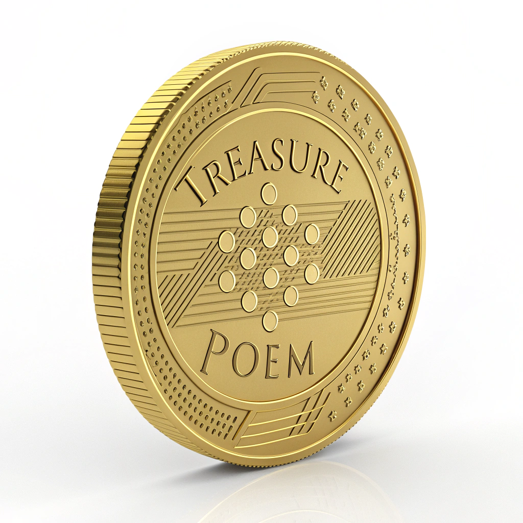 AI generated image by Red Panda AI: A gold crypto currency coin with Treasure Poem stamped on it.