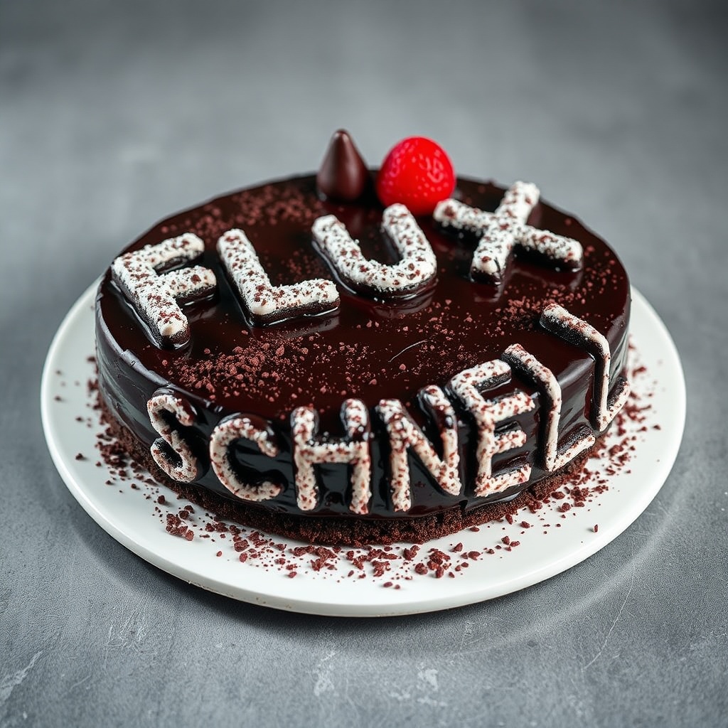 AI generated image by FLUX.1-schnell: black forest gateau cake spelling out the words "FLUX SCHNELL", tasty, food photography, dynamic shot