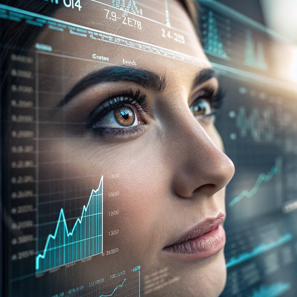 AI generated image by Red Panda AI: A woman's eyes looking at the viewer through a high-tech, futuristic set of stock charts, graphs, and data...  