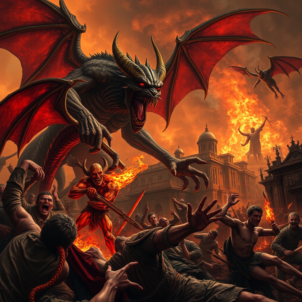 AI generated image by FLUX.1-schnell: A detailed picture of hell on earth. with humans being ripped apart, grotesque detailed demons flying around blowing fire and stabbing human survivors. In the background is massive giant demon blowing fire on buildings. Very gory and realistic 