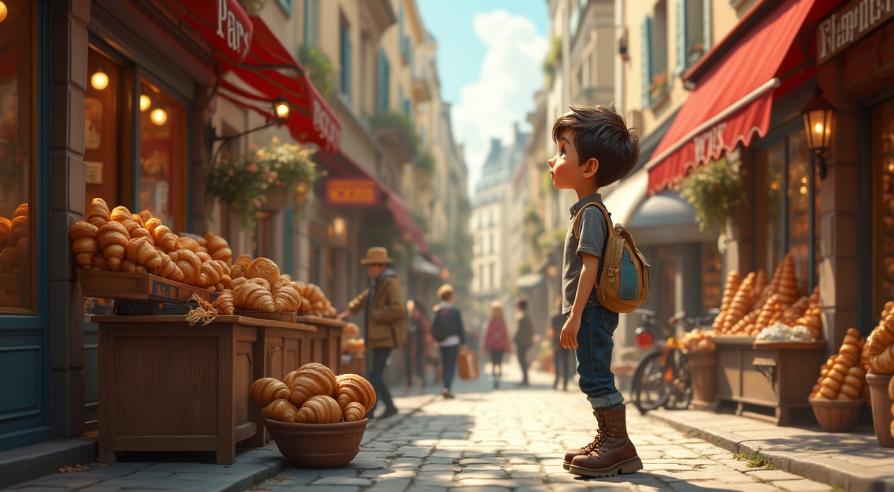 AI generated image by FLUX.1-pro: “Create a vivid image of a little boy buying some croissants and baguettes in the streets of paris in a disney style. the alley in paris should be full of 100s of small robots that assist the humans all around them, everything kept in the disney art style. it should be paronama view on the alley and each robot and each character in the scene should be cristal clearly detailed